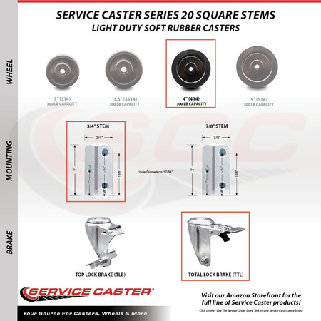 Service Caster 4 Inch Soft Rubber Swivel 3/4 Inch Square Stem Caster Total Lock Brakes, 2PK SCC-SQTTL20S414-SRS-34-2-S-2